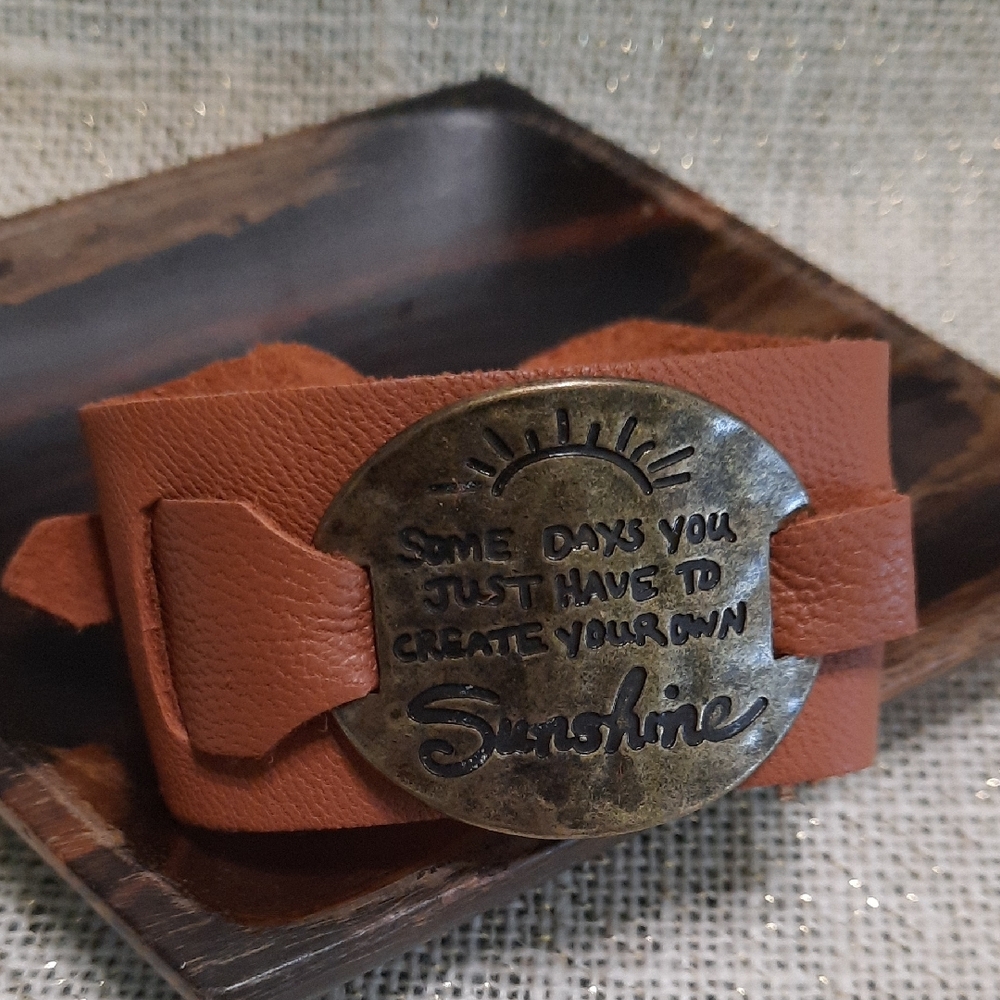 Brown Leather Bracelet with Inspirational Quote Oval Plate Antique Bronze